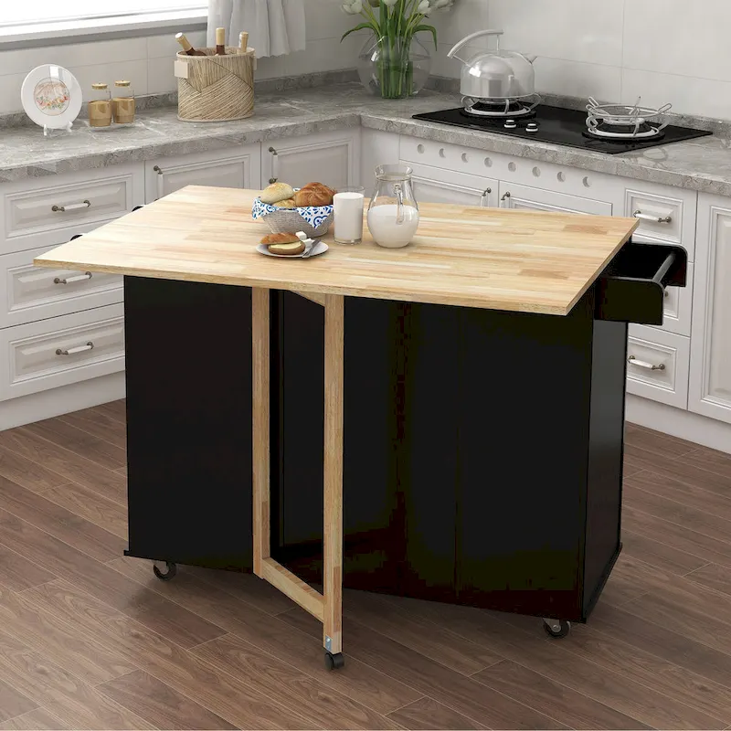 Large Farmhouse Kitchen Island Modern Mobile Kitchen Island Spice Rack Towel Rack and Extendable Solid Wood Table Top