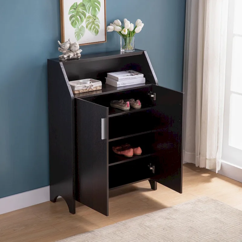 Espresso Wood 2-Door Shoe Cabinet with 4 Shelves & Display Top