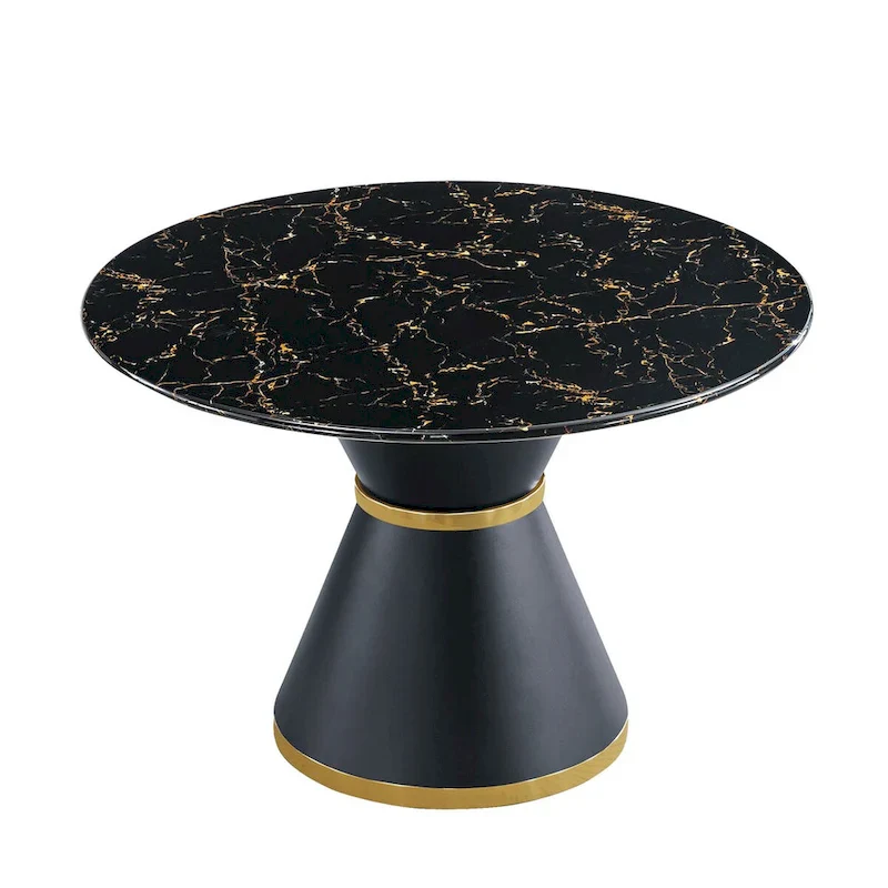 Black Marble Printed MDF Round Dining Table, Black Columnar Base with Gold Annulus(Not Including Chairs)