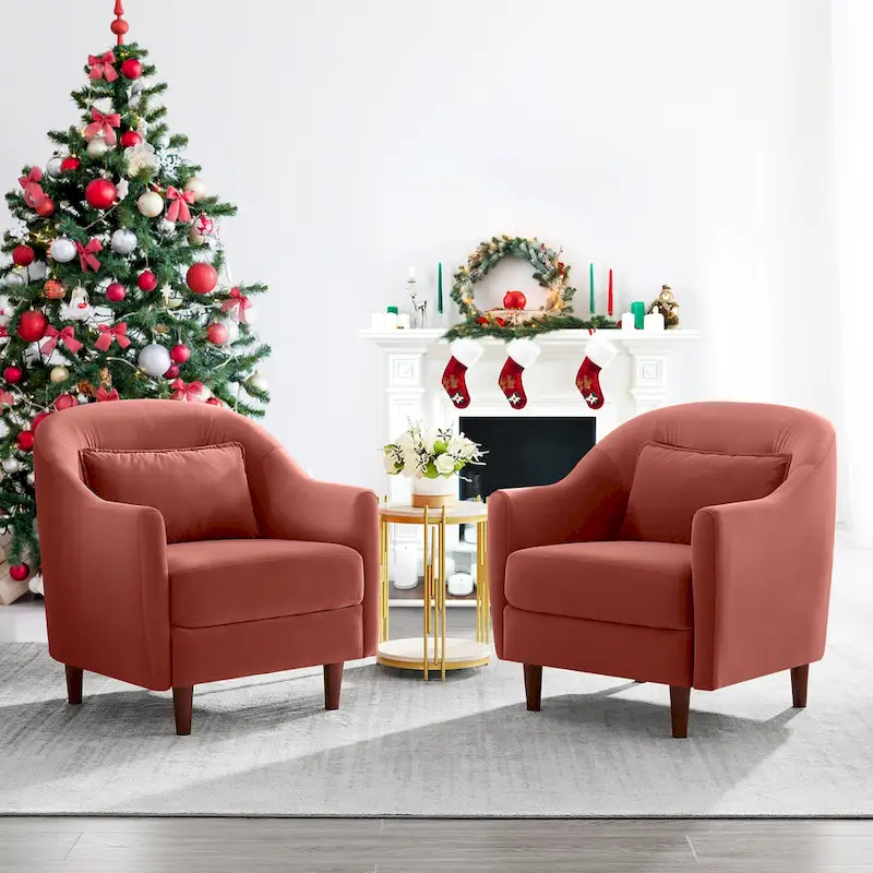 VANOMi 28.34 W Set Of 2 Accent Armchair, Velvet Barrel Chair with Solid Wood Legs