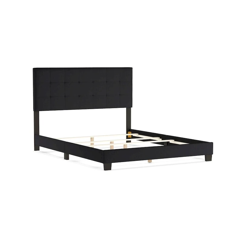 Upholstered Panel Bed, Grid Tufted Headboard, Rubberwood and MDF Frame, Contemporary Style, Charcoal Grey, Full / Queen / King, 2 People