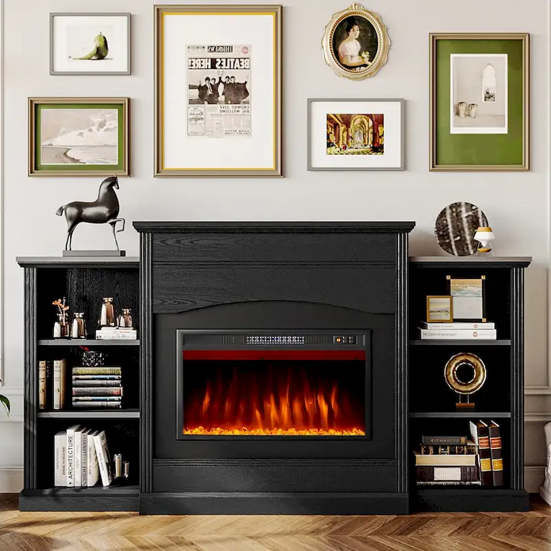 White/Black Modern Electric Fireplace TV Stand with Mantel, 1-Person Room Use
