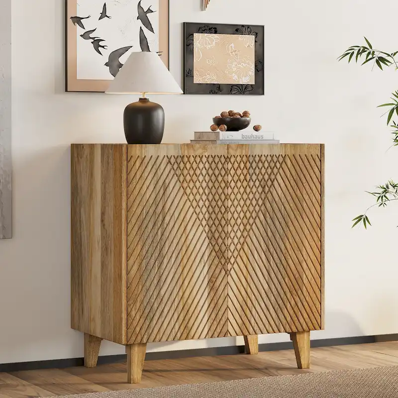 Natural Wood Storage Cabinet with Fluted Design - 28W