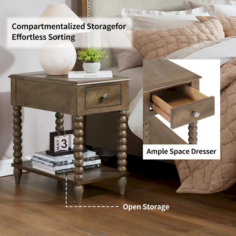 Traditional 23.6 Spindle Leg Wood End Table with USB