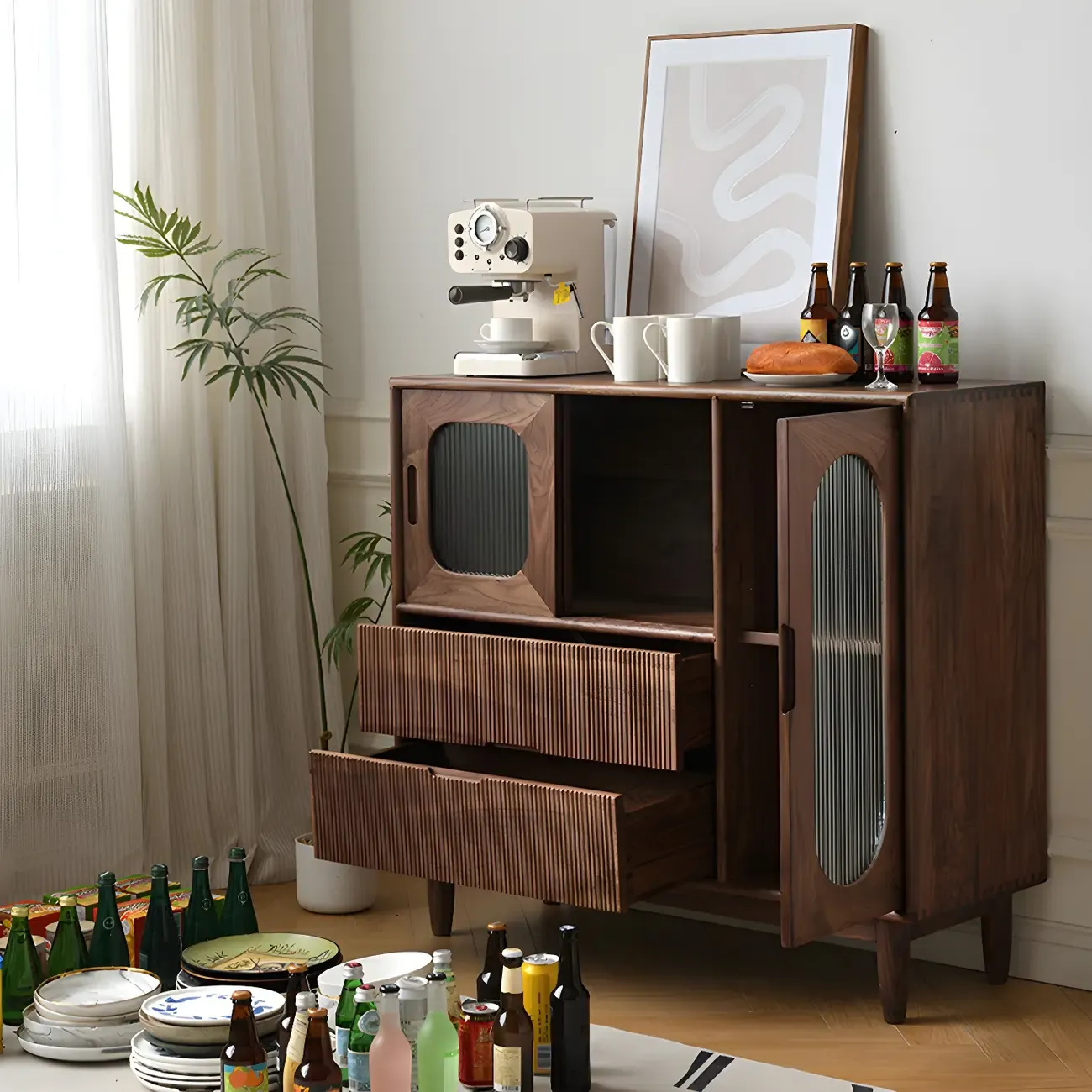 Walnut Wood Bottom Drawer Adjustable China Cabinet