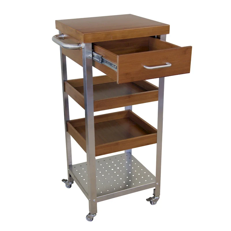 Solid Bamboo & Stainless Steel Kitchen Cart Tower with Drawer