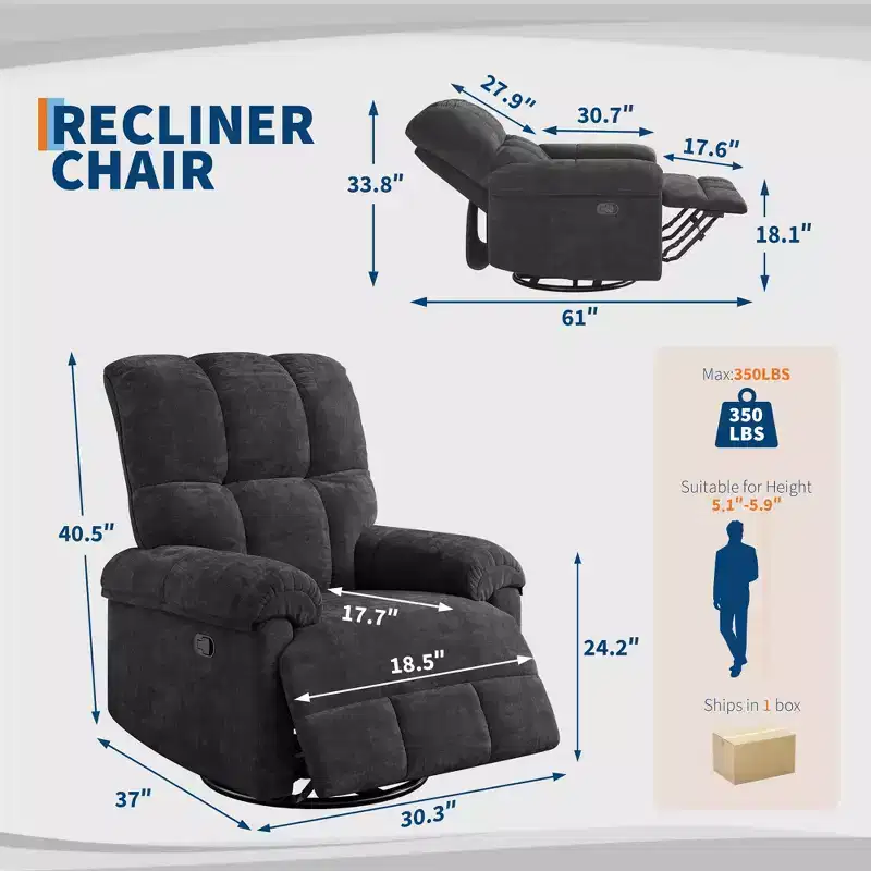 Recliner Chair, 360 Swivel Rocker Glider Nursery Chair with Padded Armrest and Deep Seat, Chenille Upholstered Reclining Sofa Chair for Living Room