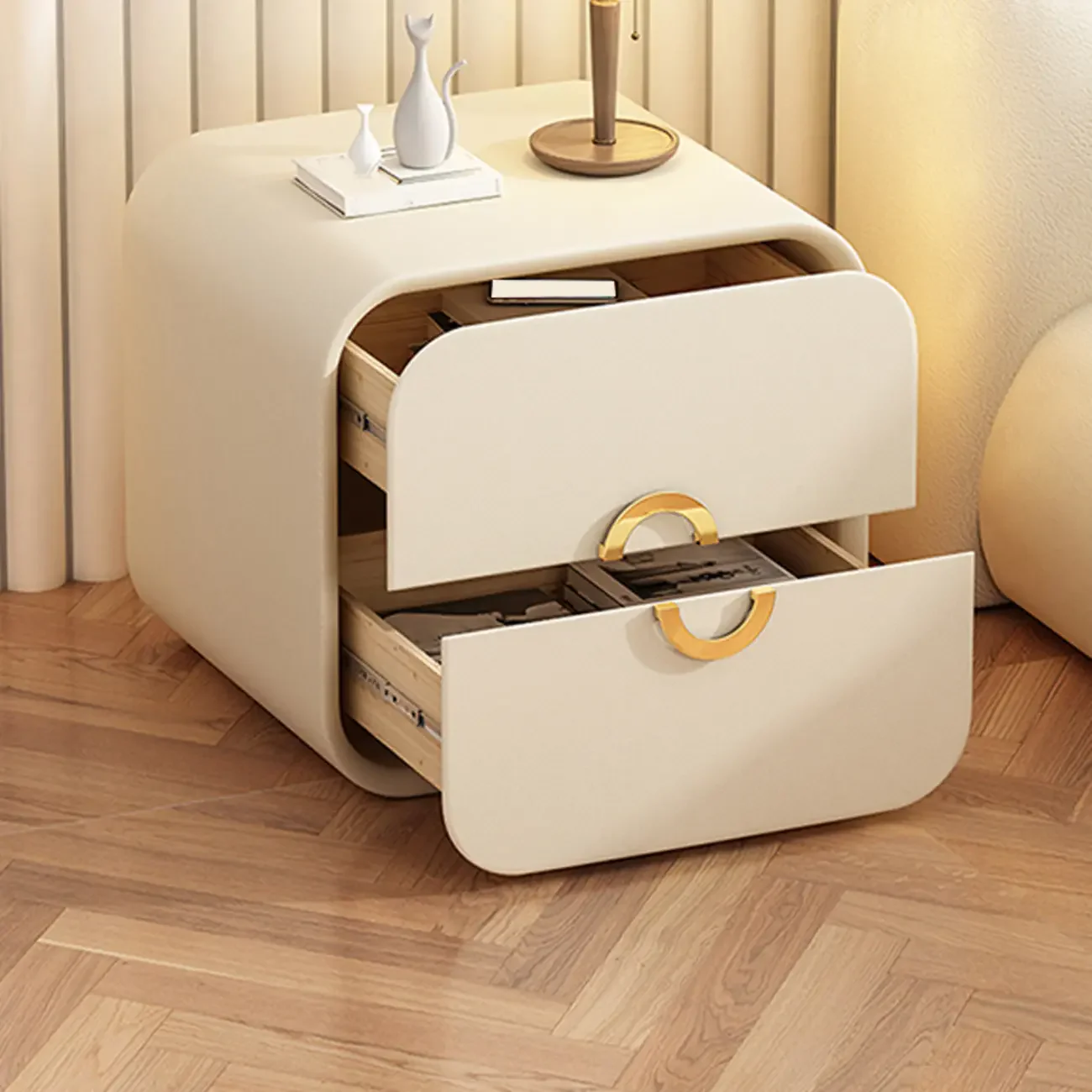 Modern Faux Leather Gold Ring Handle Nightstand with 2 Drawers