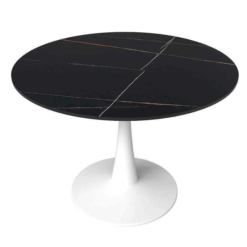 Black/White Round Sintered Stone Dining Table for 4, Single Pedestal Base