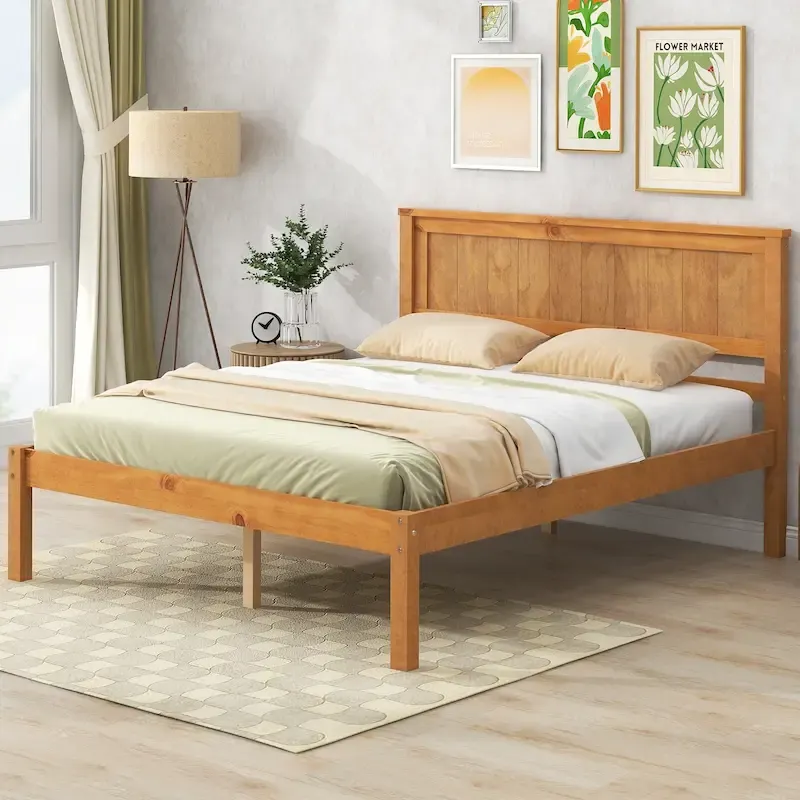 Pine Wooden Platform Bed with Headboard and Wood Slat Support for Bedroom