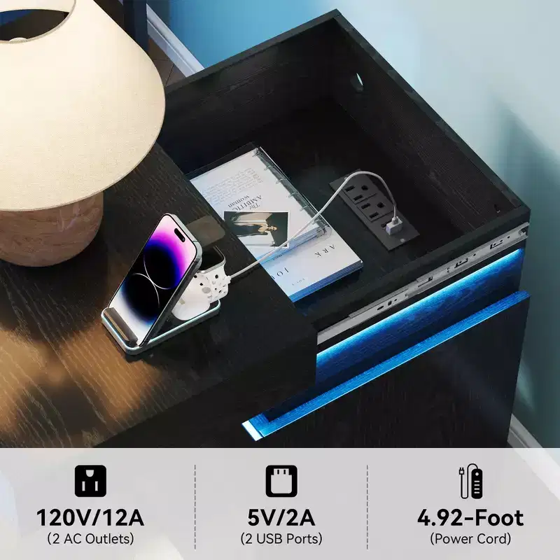 Nightstand with Built-In Charging Station and LED Lighting, 3-Drawer Sliding-Top Modern Bedside Table, Black Wooden End Table is a modern.