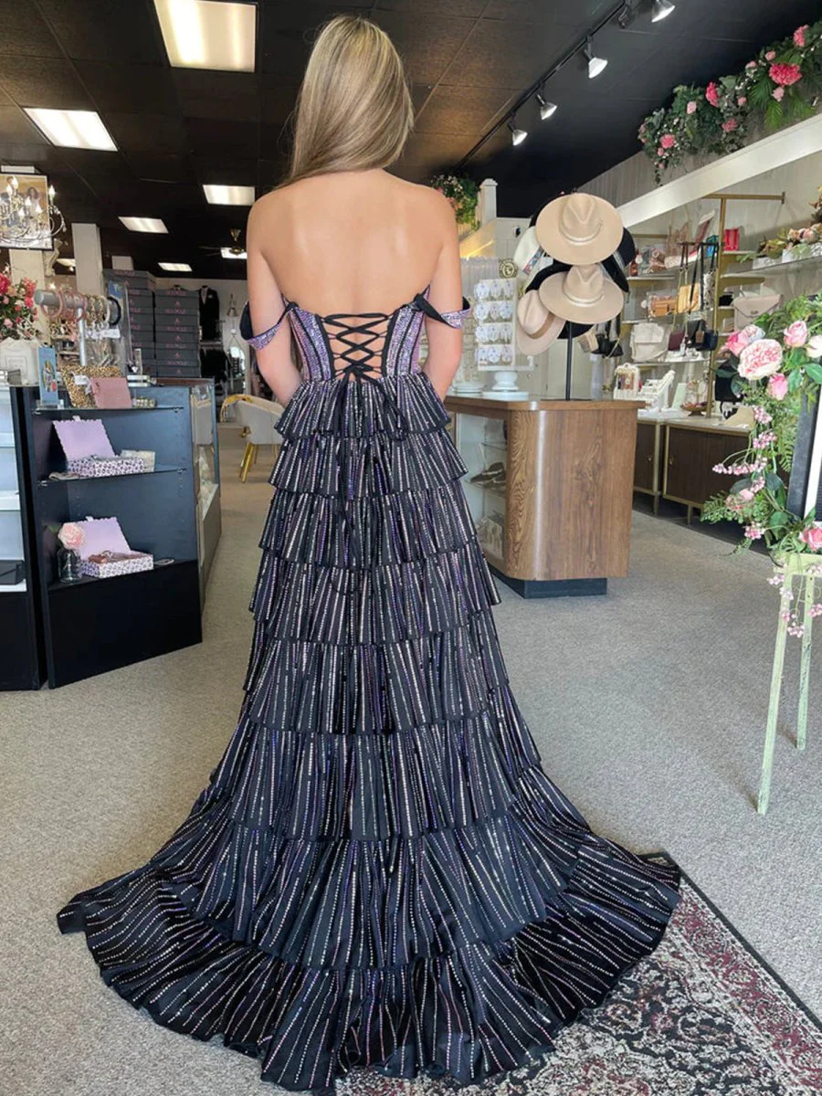 A Line Off-the-Shoulder Satin Tiered Long Prom Dresses With Beads