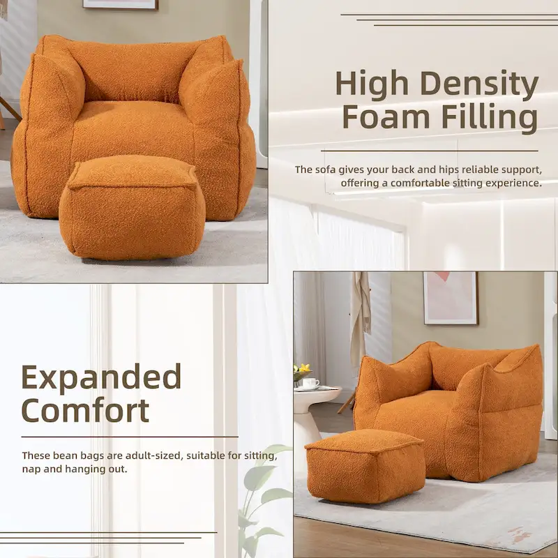 Boucle Upholstered Deep Seat Armless Square Bean Bag Chair with Ottoman