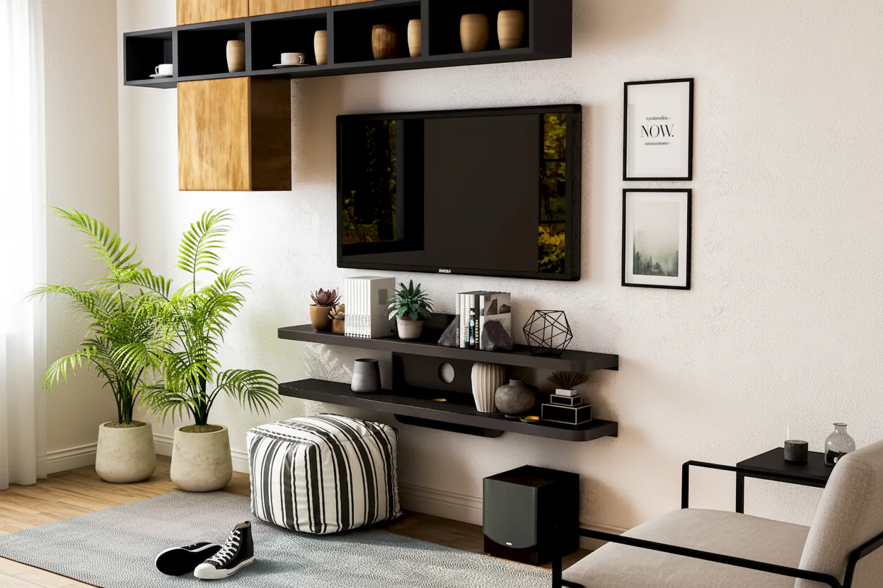 Vintage Walnut / Cappuccino / White Oak 2-Shelf Wall-Mounted Media Console, 1-Unit