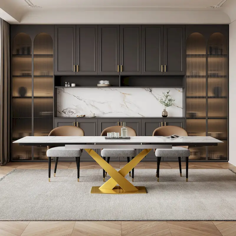 9 - Piece 94.48  Rectangular Extendable Sintered Stone Dining Table with 8 Faux leather Chairs Dining Set