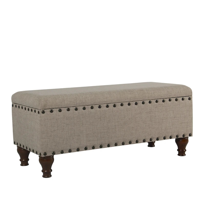 Storage Bench - Tan Linen - Tufted with Nailhead Trim