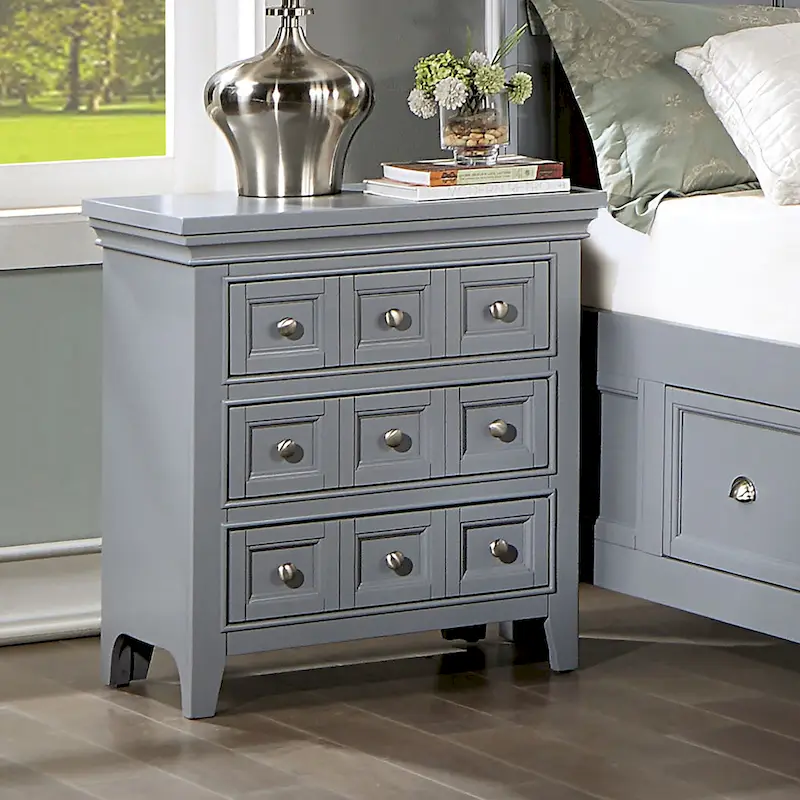 Transitional Grey Wood 3-Drawer Nightstand
