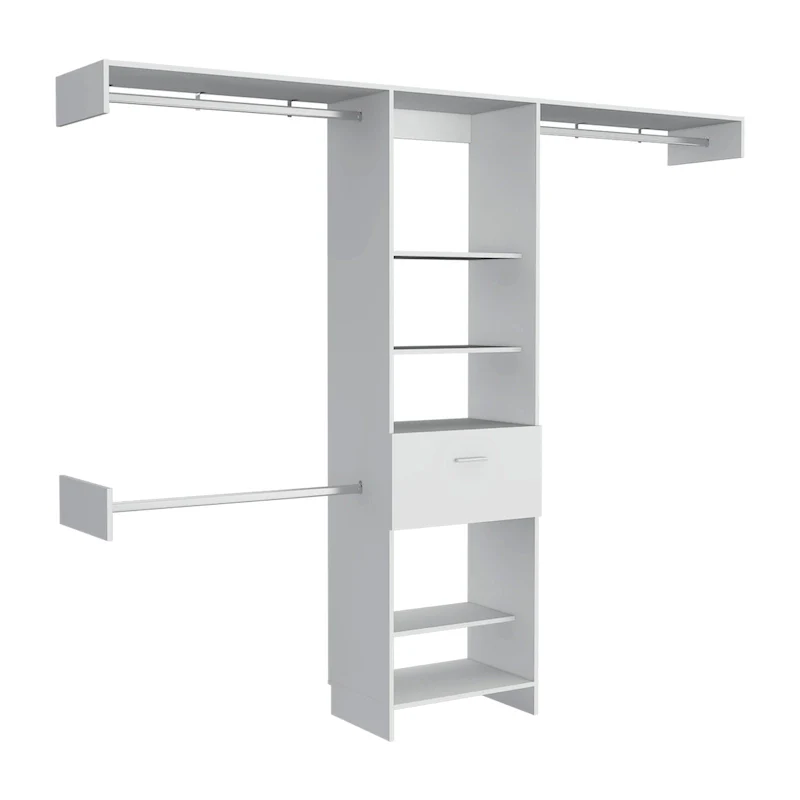 White / Wengue / Dark Walnut Corner Closet System – 5 Shelves, 1 Drawer, 3 Rods