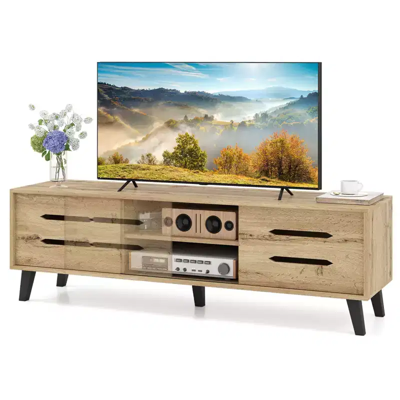 Costway TV Stand w/Sliding Doors Storage Shelves Cable Hole Support Legs for 65 TVs
