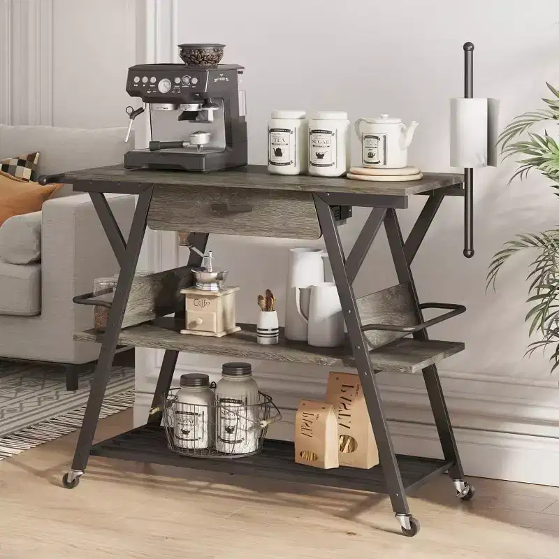 Rustic Brown / Vintage Dark Grey Rolling Kitchen Cart with 3-Tier Shelf, Lockable Wheels
