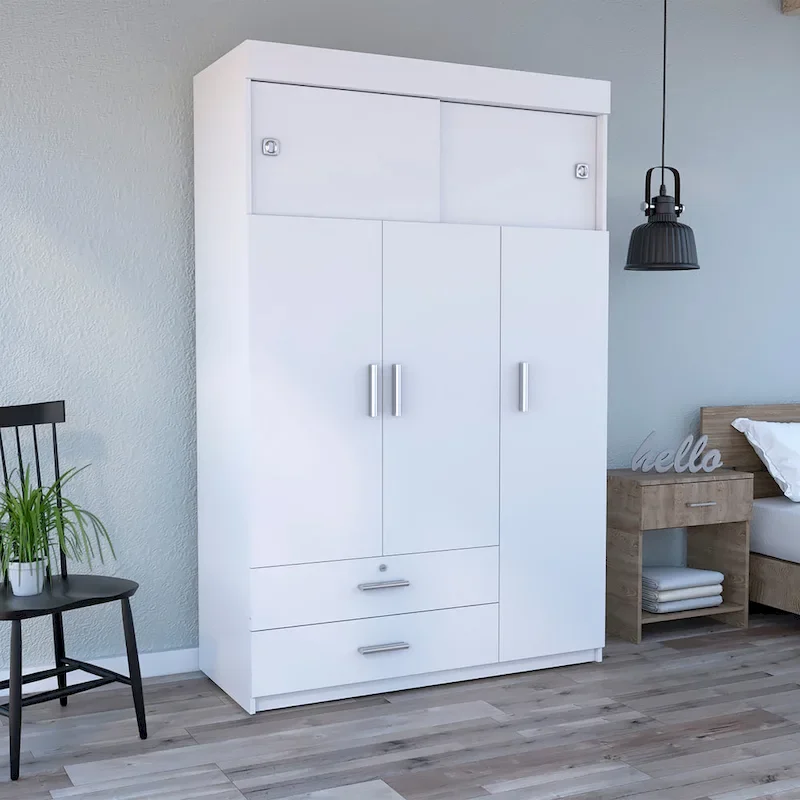 47.2  Modern Three-door Armoire with Hanging Rods, Two Drawers and Two Superior Adjustable Shelves