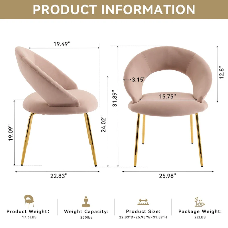 Velvet Dining Chair with Curved Backrest - Gold Legs - Single Seat