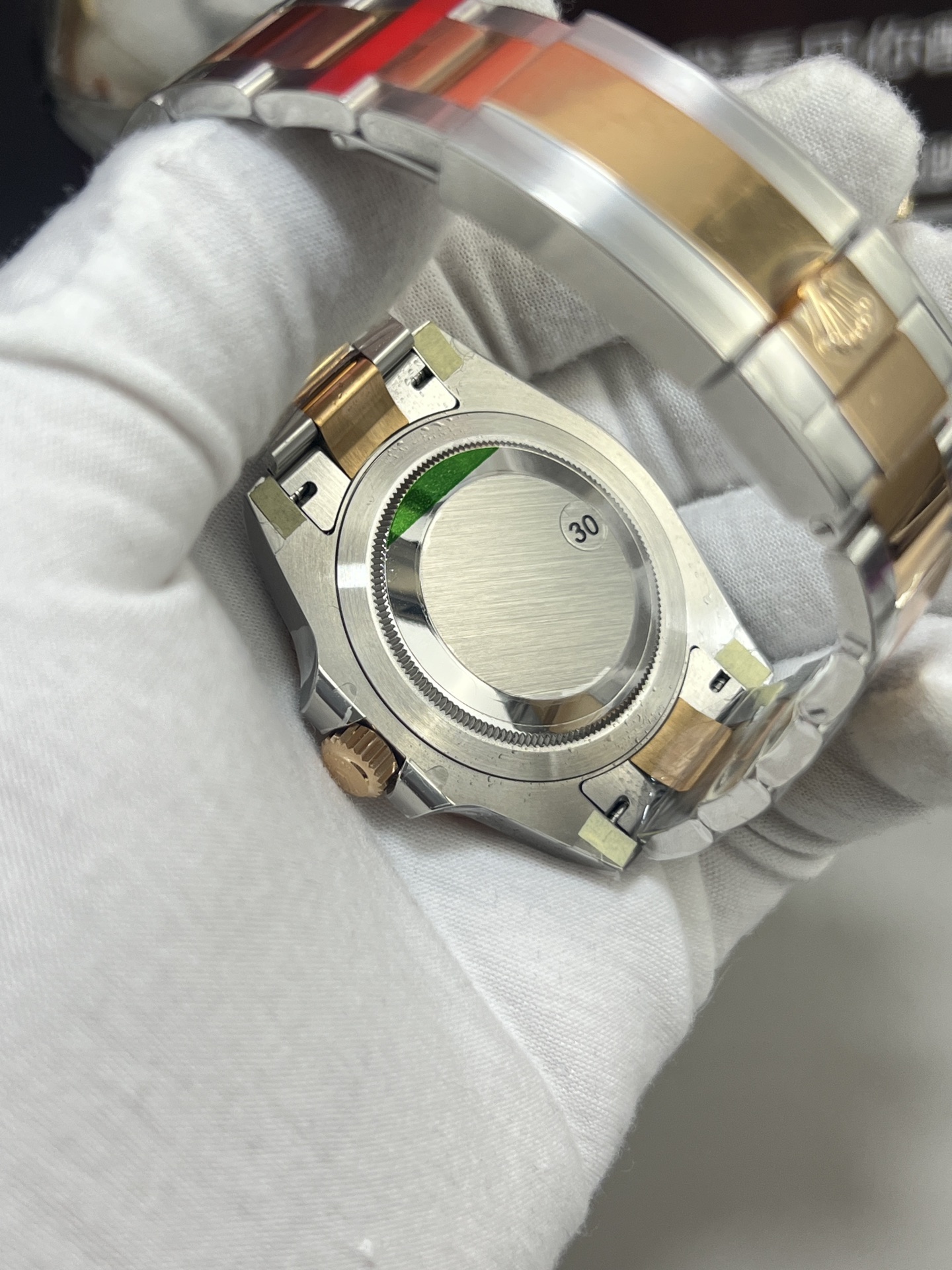 Rolex GMT Master II replica 3285 caseback detail with two tone bracelet