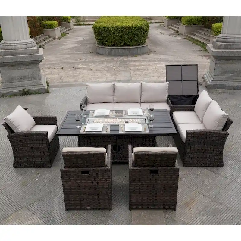 Patio Rattan Sofa Set with Alum Dining Table and Chairs