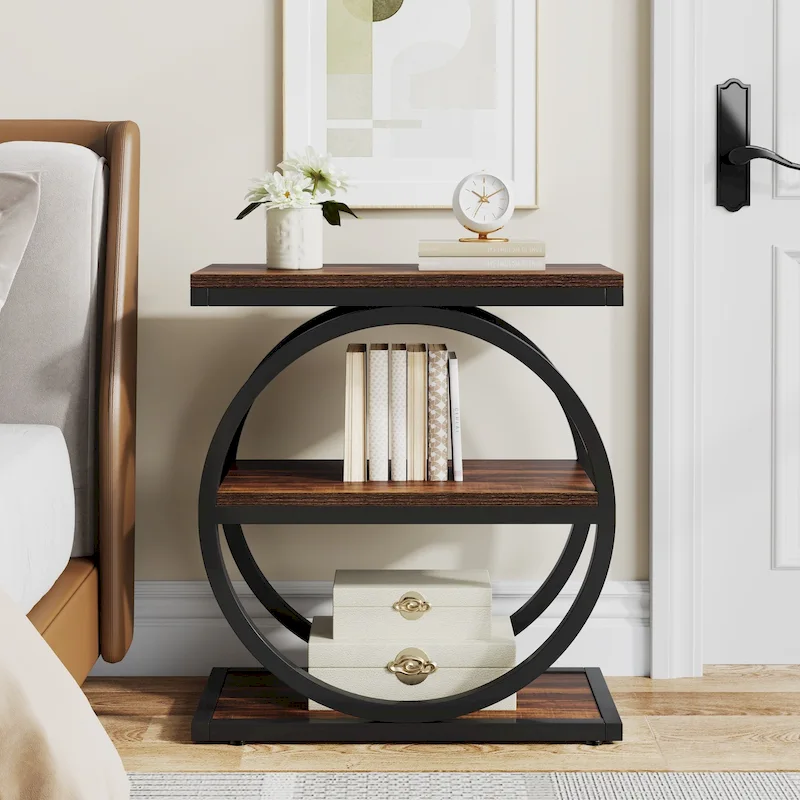 Industrial 3-Shelf Narrow End Table – Brown / Grey / Oak / Yellow