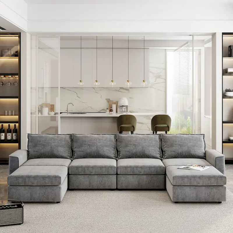 Grey 115 Convertible U-Shaped 6-Seat Modular Sectional Sofa with Ottoman, Customizable Fabric, and Tilting Armrests
