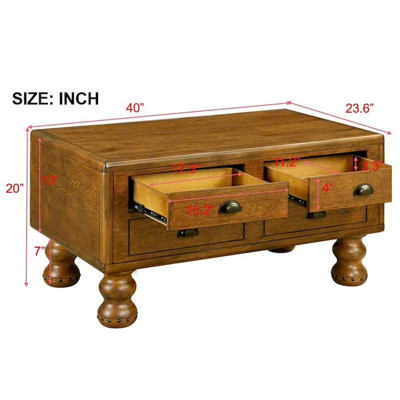 40 Solid Wood Rectangle Coffee Table with 4 Drawers