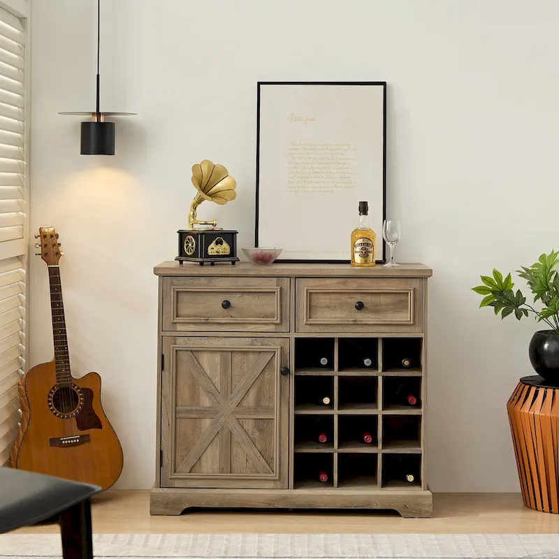 Gray Wash / Espresso Retro Industrial Sideboard Cabinet with Wine Racks & Adjustable Shelf