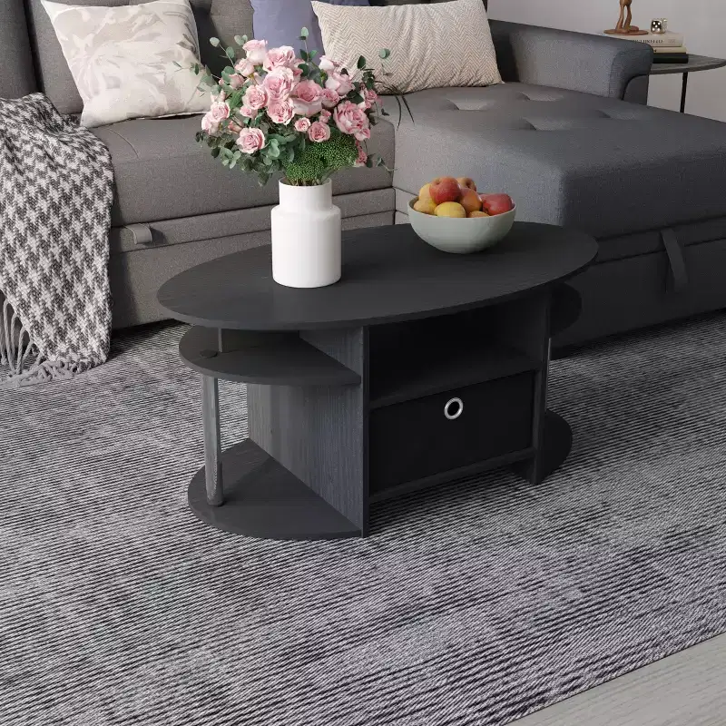 HOMLUX Modern Oval Coffee Table with Side Shelves and Fabric Storage Bin for Living Room