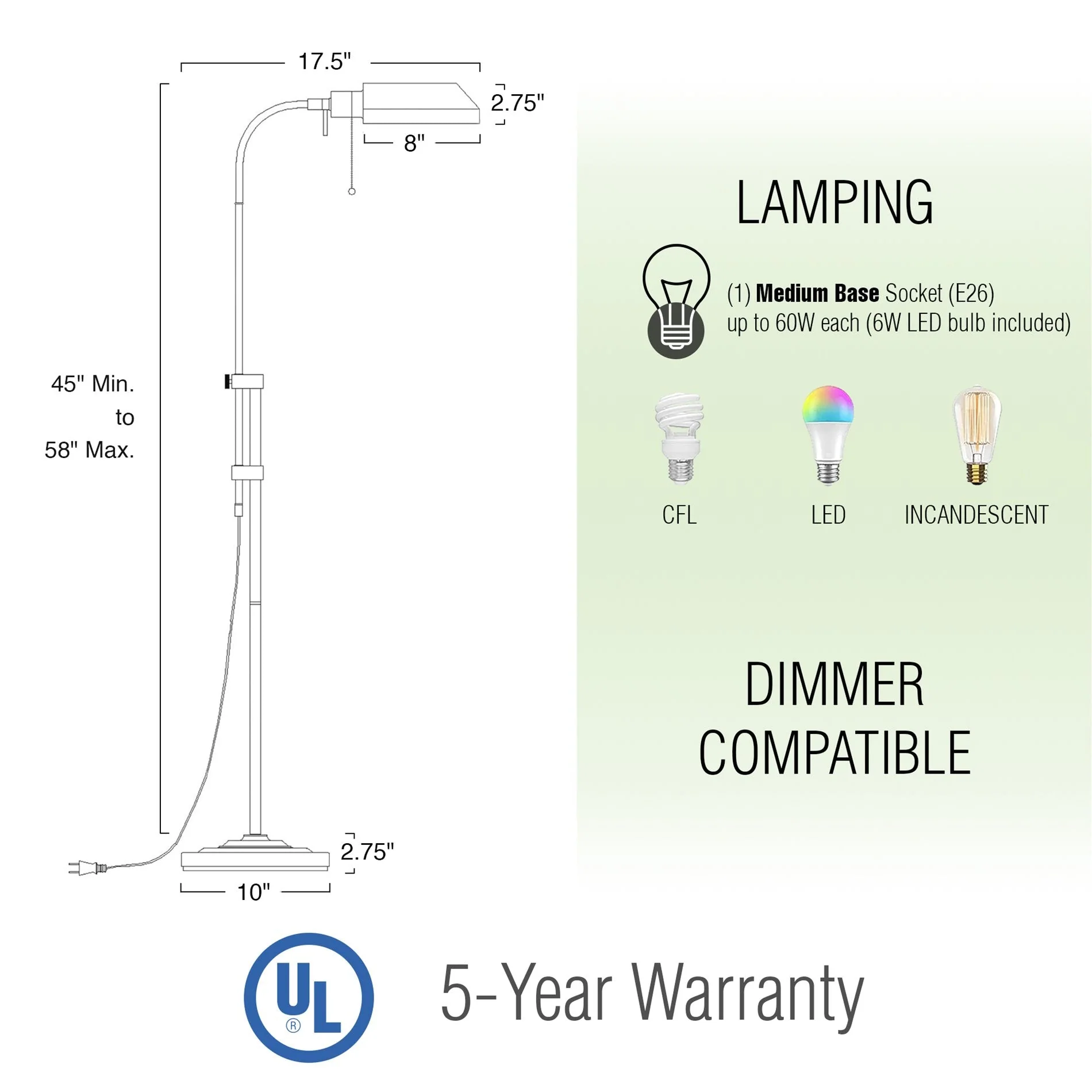 Kira Home Prescott 58 6W LED Bulb (60W eq.) Modern Industrial Adjustable Standing Pharmacy Floor Lamp