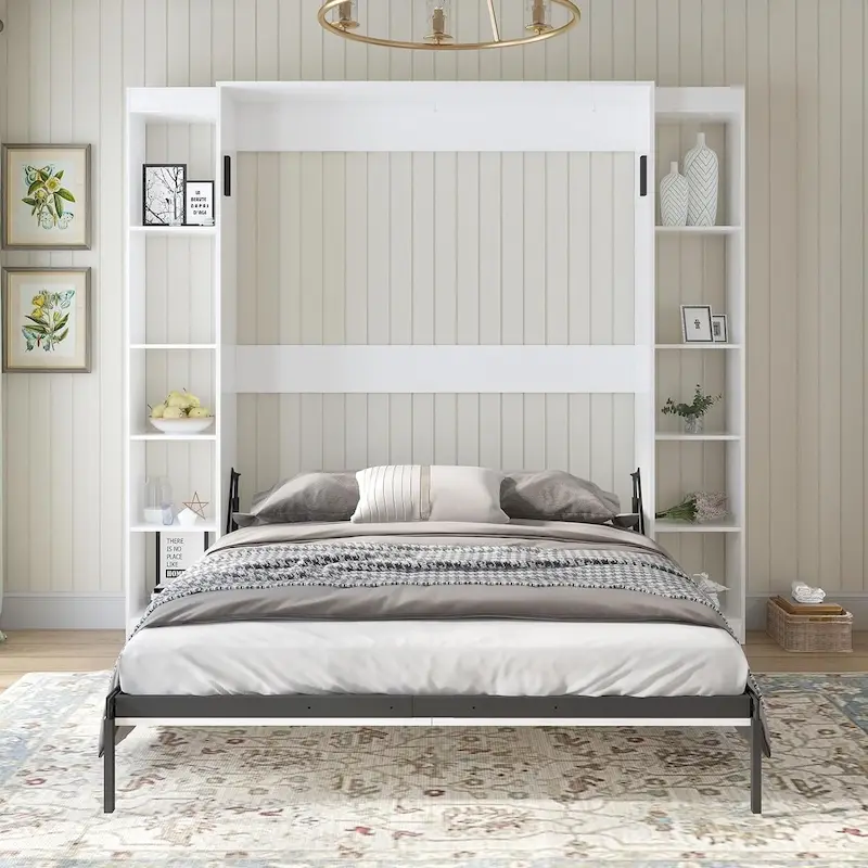 Mixoy Murphy Bed,Folding Wall Bed with 2 Side Cabinet Shelves