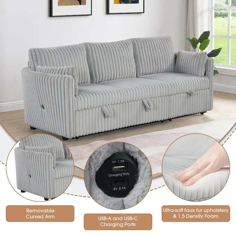 Modern Fabric Sleeper Sectional with USB and 2 pillows