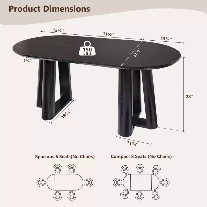 Dining Table for 6-8, Modern 63 Dining Room Table with Curved Table Edge, Kitchen Tables for Dining Room Kitchen