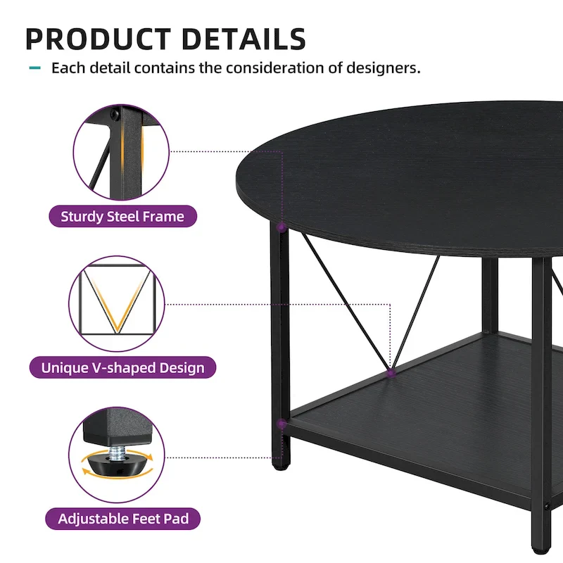 Moasis Industrial 2-Tier Round Coffee Table with Shelf