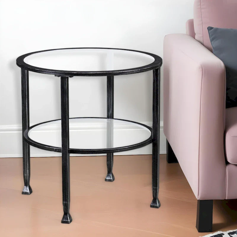 24 Black Glass and Iron Round End Table - 24x24x24