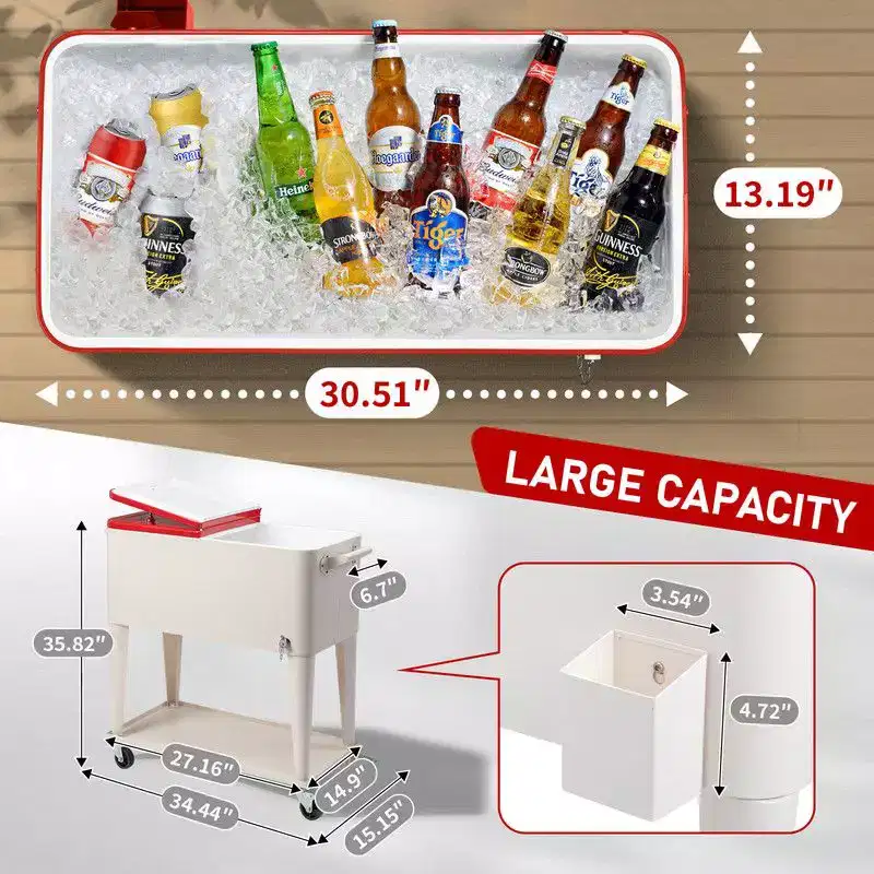 Karl Home 80 QT Red Milky Patio Cooler Cart