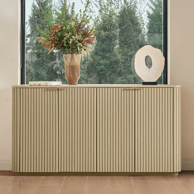 Curved 4-Door Cabinet with Vertical Stripe Texture, 3 Drawers, Adjustable Shelves & Metal Base | Natural / Acorn | Single