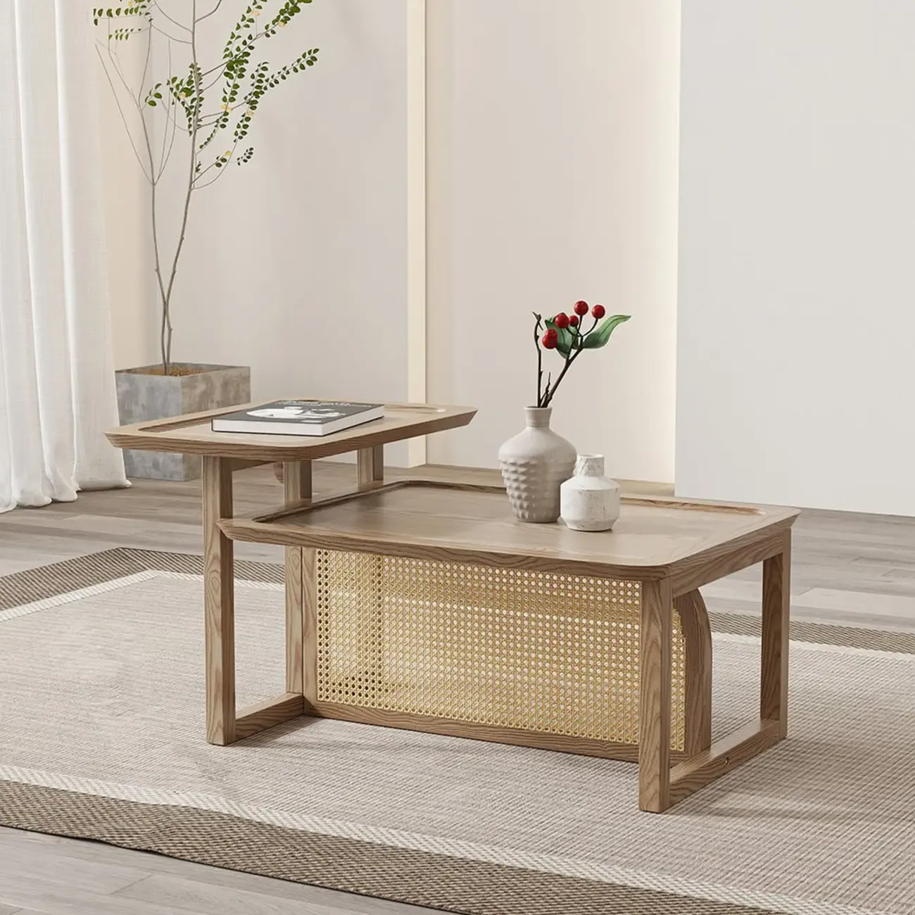 Rectangle Wooden Rattan Coffee Table Set in Natural Finish