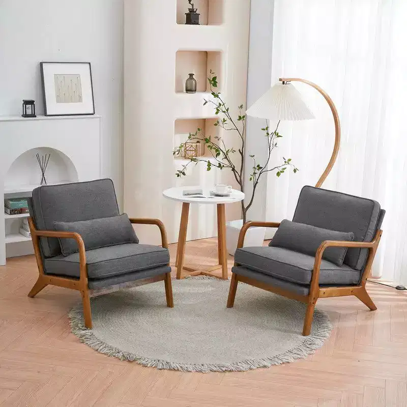 Karl Home 2Pcs Mid Century Solid Wood Accent Chair Upholstered Armchair with an Extra Pillow