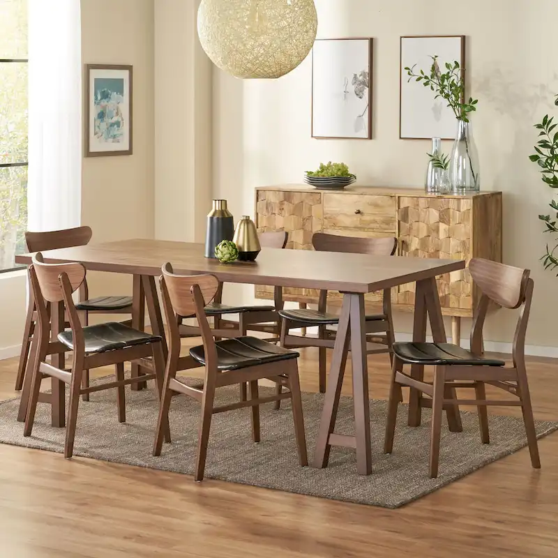 Walnut & Dark Brown Mid-Century Modern Dining Set, Seats 6
