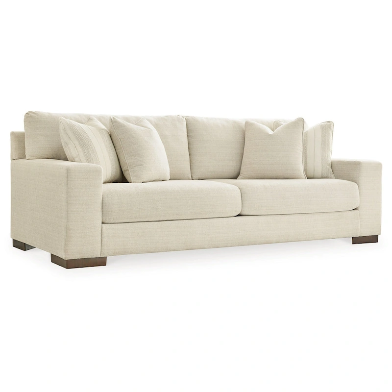 Magg 96 Inch Sofa, 4 Accent Pillows, Oversized Cushion, Beige Polyester
