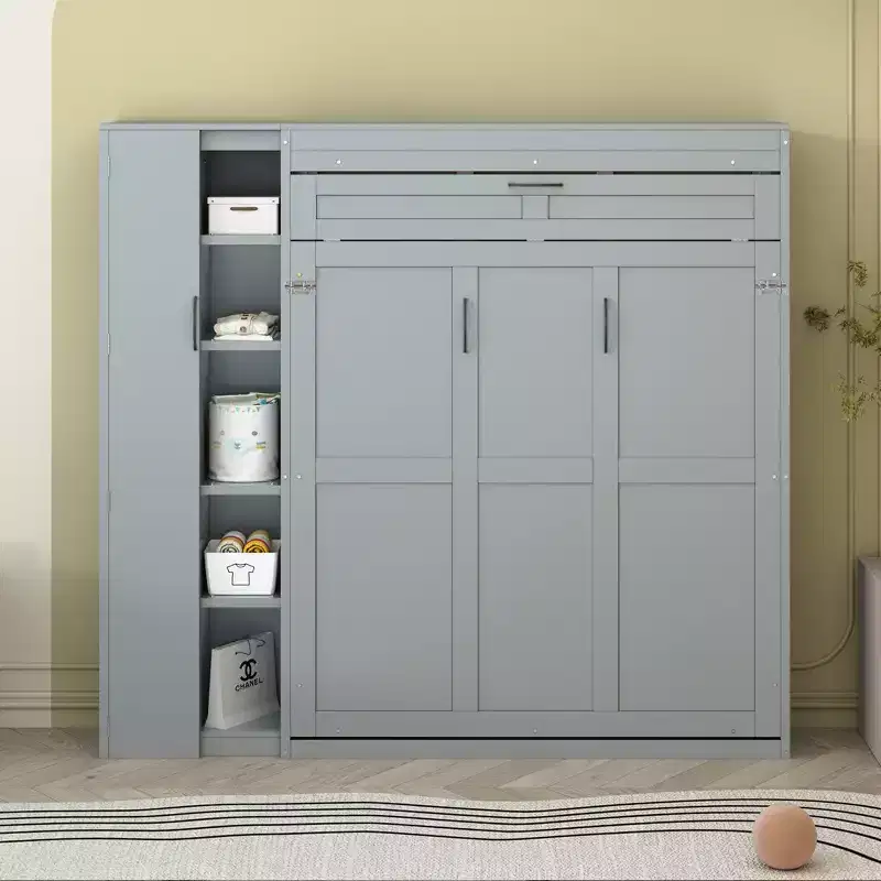 Full/Queen Size Murphy Bed Space-saving Wall Bed Foldable Bed with Shelves, Wardrobe & LED Light - ModernLuxe
