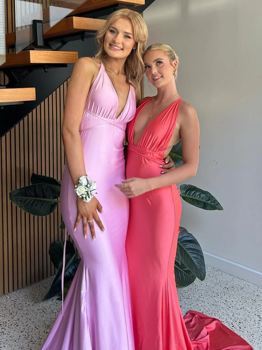 Plunge Neck Light Pink Mermaid Satin Long Prom Dress