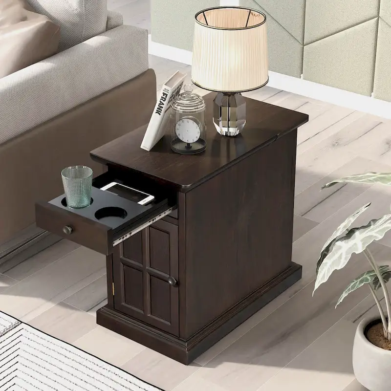 Brown Vintage Narrow End Table with USB Ports, Cup Holders & 1 Drawer – Sofa Side Table