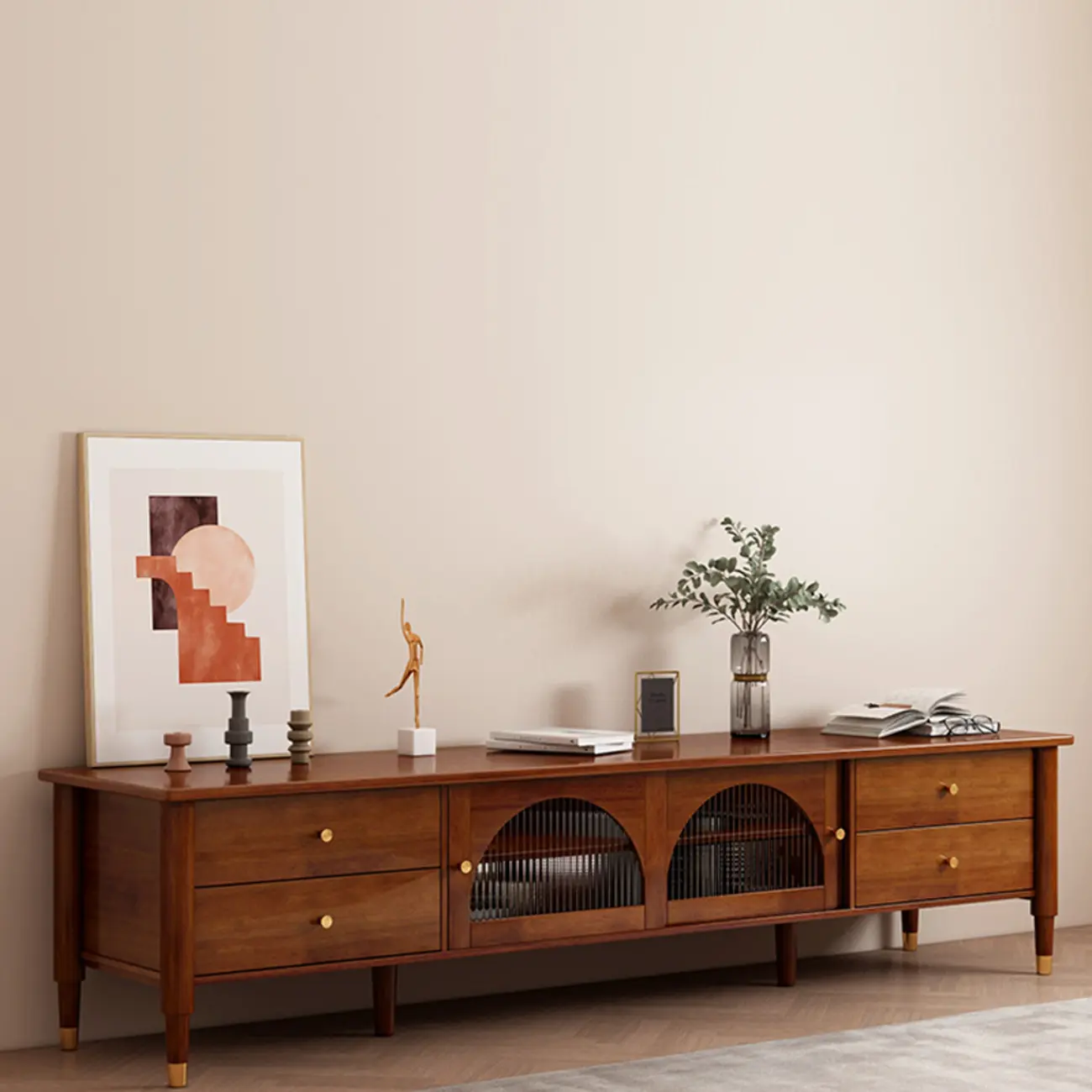 Long Brown 2-Drawer Pine Modern TV Stand with Cabinet