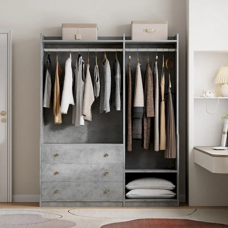 Open Wardrobe Armoire Closet, Armoire Wardrobe with 2 Hanging Rails and 3 Drawers, Wooden Wardrobe Storage Closets
